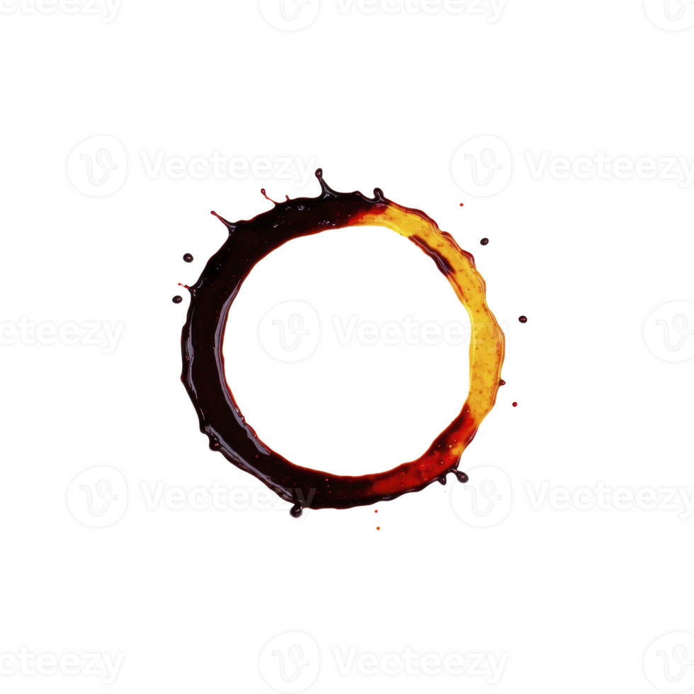 Circular coffee stain with splashes and drips creates abstract design on transparency background, evoking sense of spontaneity and creativity png