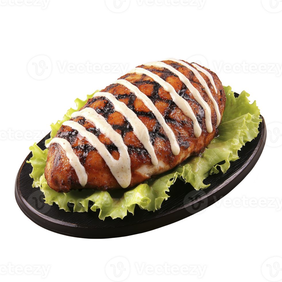 Grilled chicken breast with crisscross char pattern, drizzled with creamy sauce, served on bed of fresh lettuce on black plate png