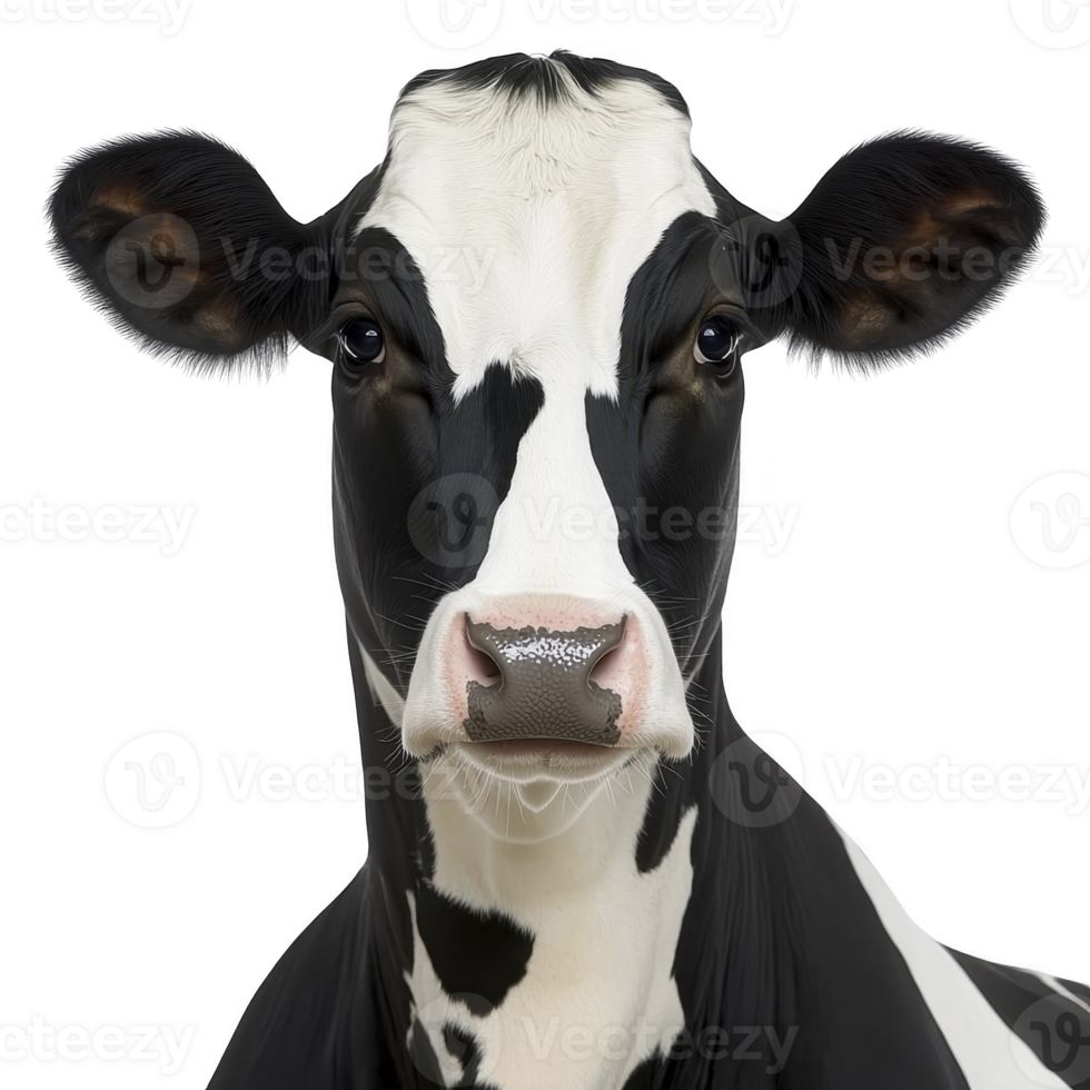 Black and white cow with calm expression is shown against plain background, highlighting its distinctive markings and large ears png