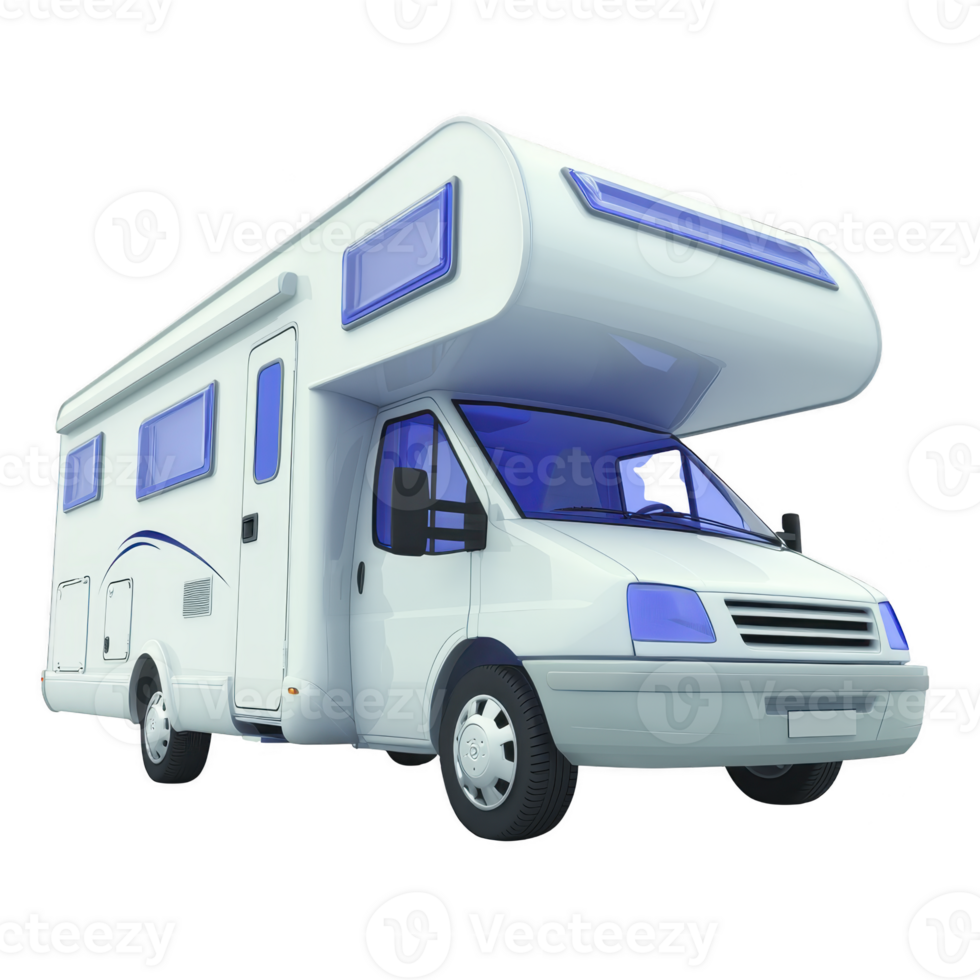 White camper van with blue tinted windows is shown, featuring classic design and spacious interior. Ideal for road trips and outdoor adventures, it offers comfort and mobility png