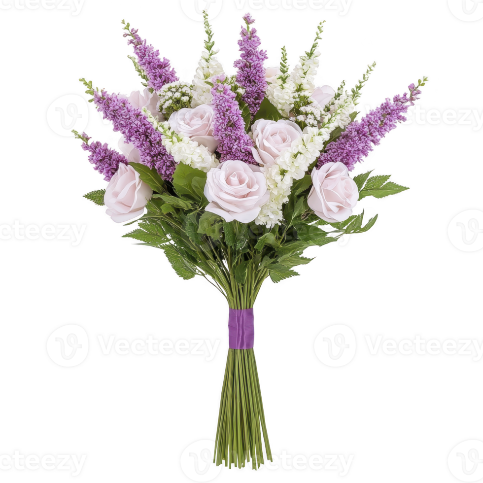 Beautiful bouquet of light pink roses and purple lavender flowers is arranged with lush green leaves, creating elegant and romantic floral display png