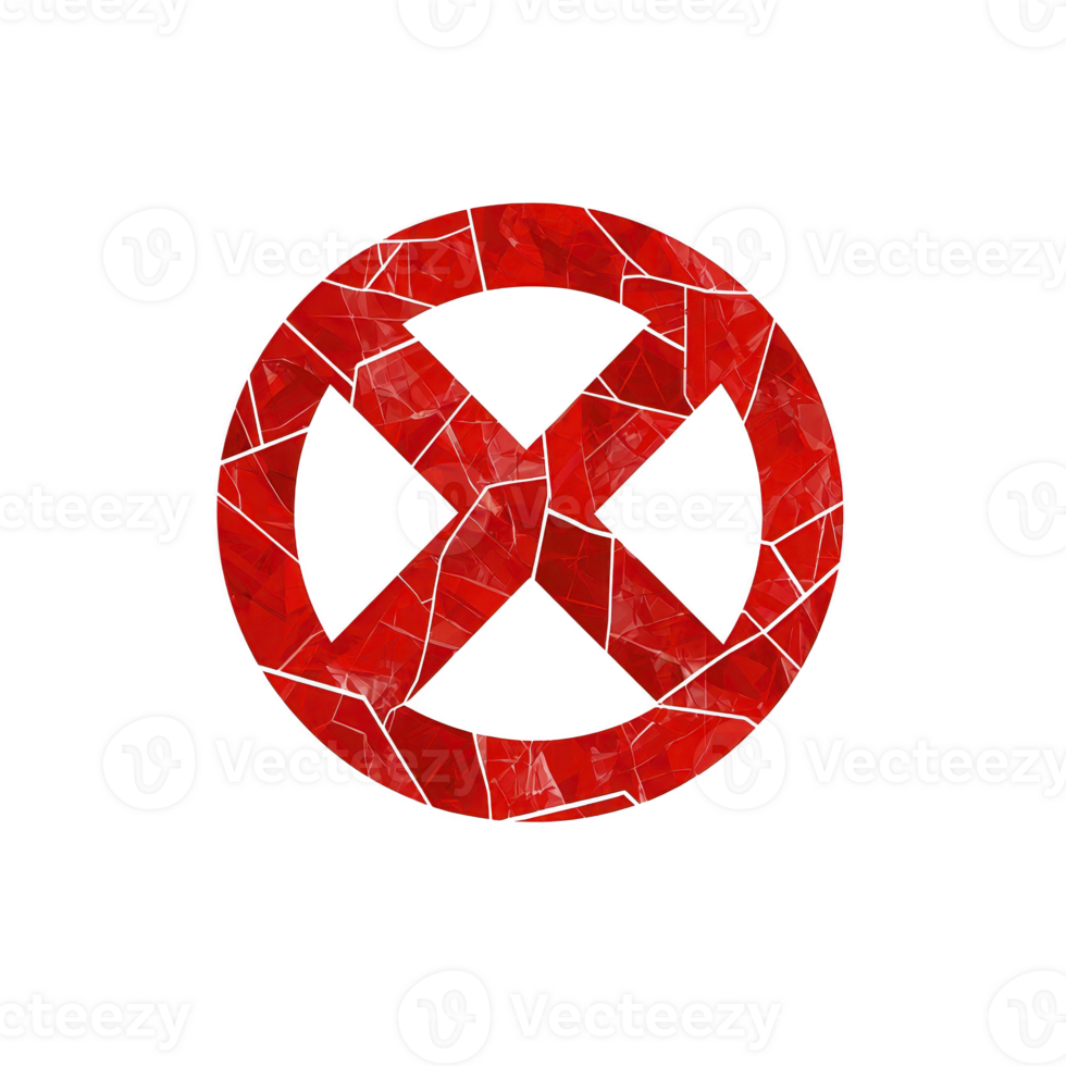 Red circular symbol with cross in center, resembling prohibition or restriction sign, is depicted against transparency background. design has textured, mosaic like appearance png