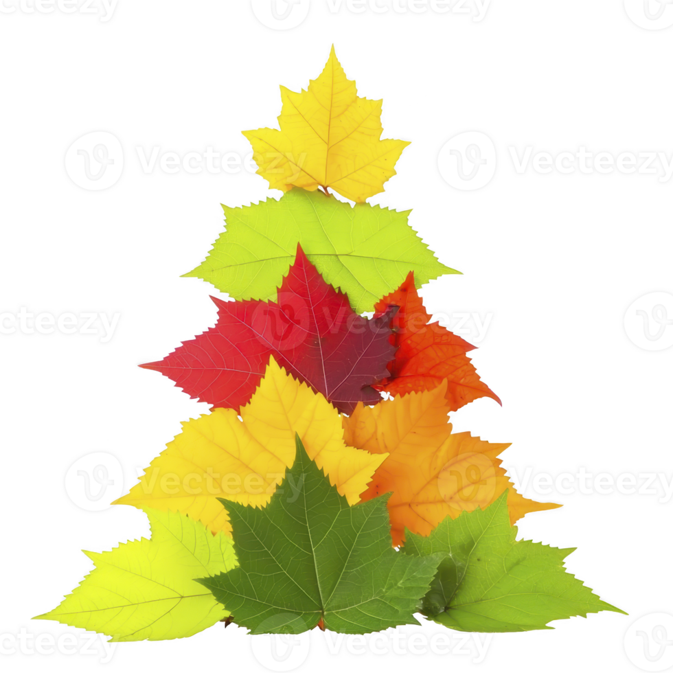 Vibrant arrangement of colorful autumn leaves forms tree shape, showcasing shades of green, yellow, red, and orange. leaves are layered creatively, evoking sense of seasonal change and natural png
