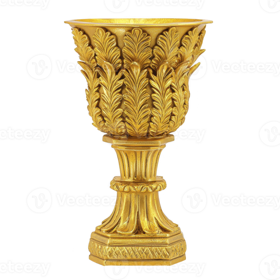 Decorative golden chalice with intricate leaf patterns and detailed pedestal base, exuding elegance and luxury. ornate design suggests vintage or classical style png