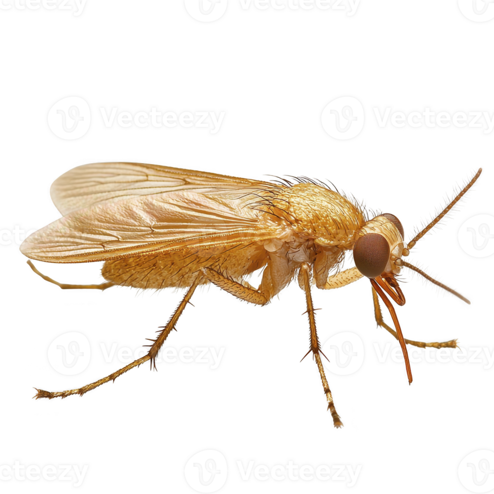Close up image of golden colored fly with detailed wings and body structure, showcasing its intricate features. fly texture and color are highlighted against plain background png
