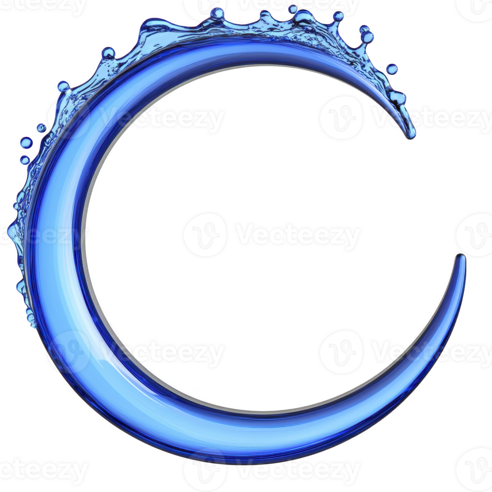 Dynamic blue crescent shape with water splash elements creates sense of fluidity and motion, symbolizing freshness and energy. design is sleek and modern, ideal for creative projects png