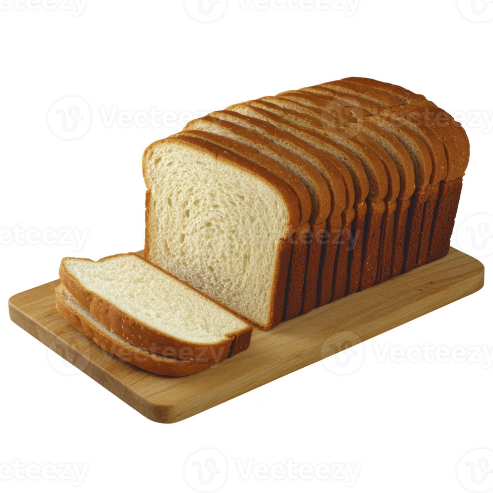 Loaf of sliced white bread is neatly arranged on wooden cutting board, showcasing its soft texture and golden crust. bread appears fresh and ready for serving png