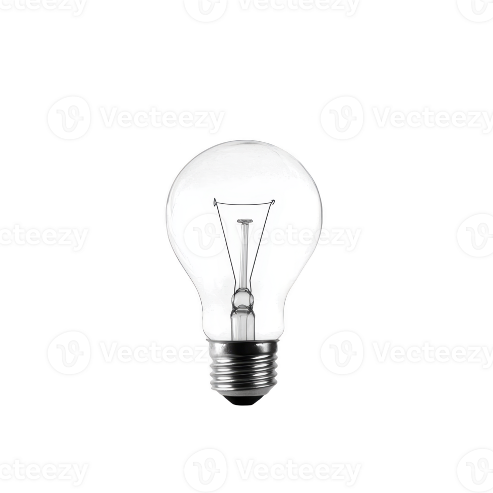 Clear incandescent light bulb with visible filament, isolated on transparency background, symbolizes ideas and innovation. simplicity of design highlights its classic form png
