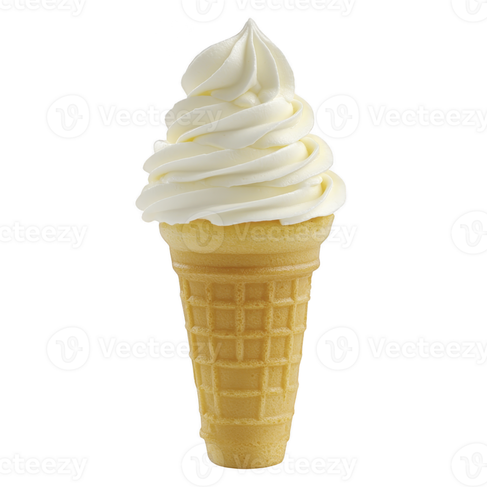 Delicious vanilla soft serve ice cream cone with waffle cone, showcasing creamy swirl and inviting texture. Perfect for sweet treat on warm day png