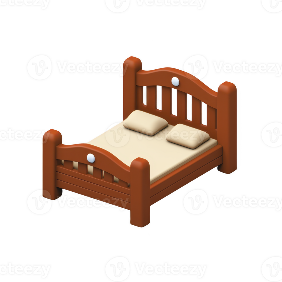 Cozy, isometric illustration of wooden bed with beige mattress and two pillows, featuring simple and inviting design png