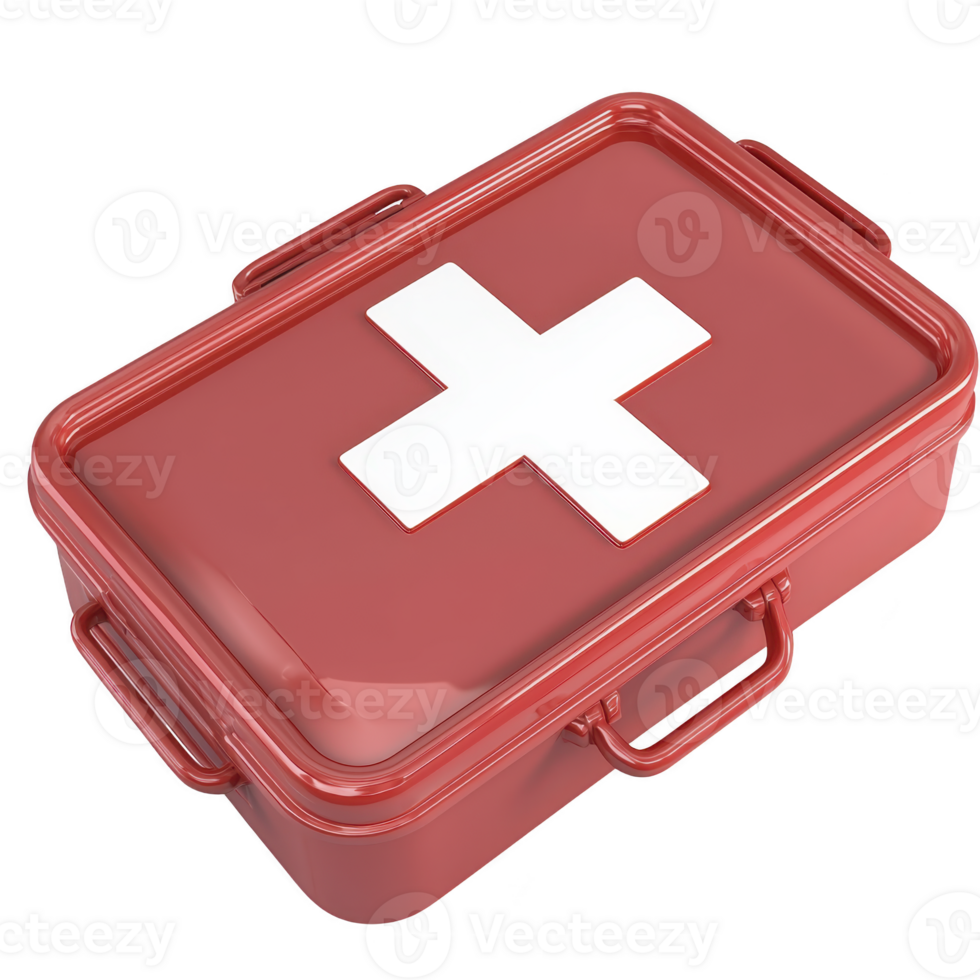 Red first aid kit with white cross symbol on lid, designed for emergency medical situations. kit is compact and portable, ideal for home, travel, or outdoor use png