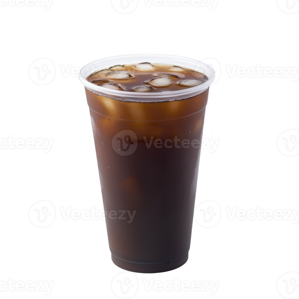 Refreshing iced coffee in clear plastic cup, filled with ice cubes, showcasing rich, dark brown color. Perfect for hot day, this beverage offers cool and energizing experience png