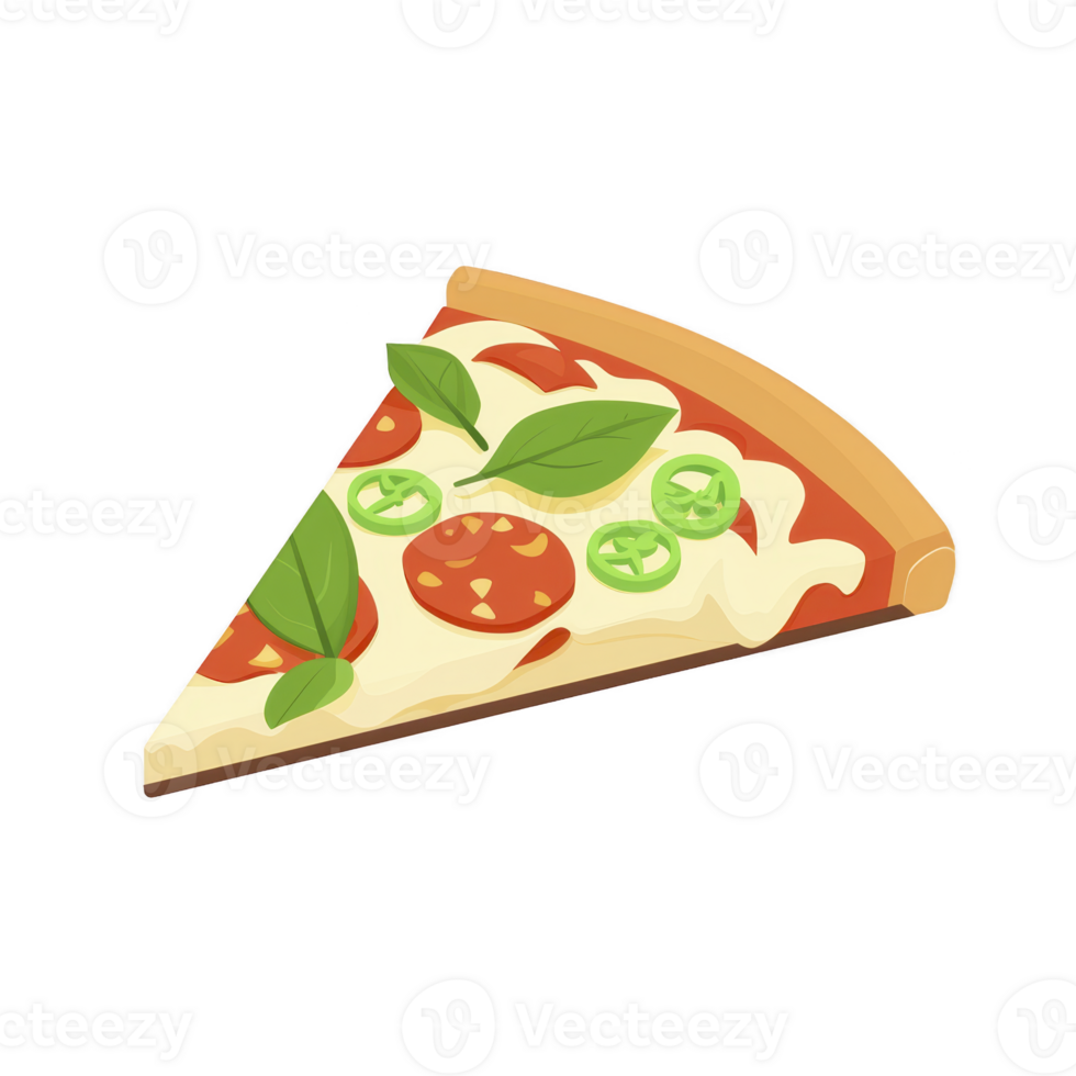 Slice of delicious pizza topped with pepperoni, green peppers, fresh basil, and melted cheese on crispy crust. Perfect for quick snack or meal png