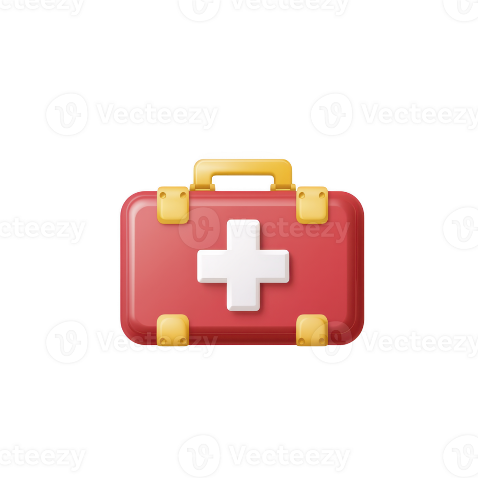 Red first aid kit with white cross symbol and yellow handle, representing emergency medical supplies. kit is designed for quick access in urgent situations png