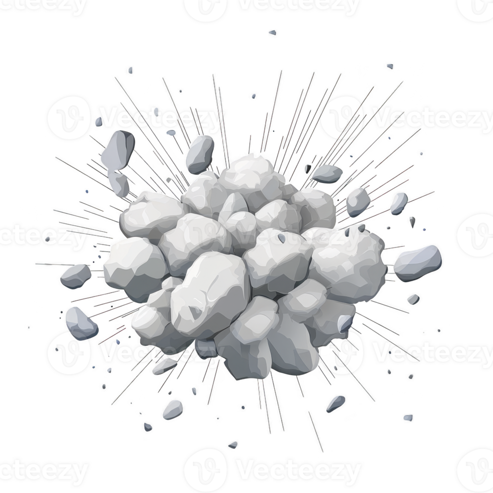 Dynamic explosion of gray rocks and debris, captured mid air, with sharp lines radiating outward, creating sense of motion and energy. rocks vary in size, adding depth png