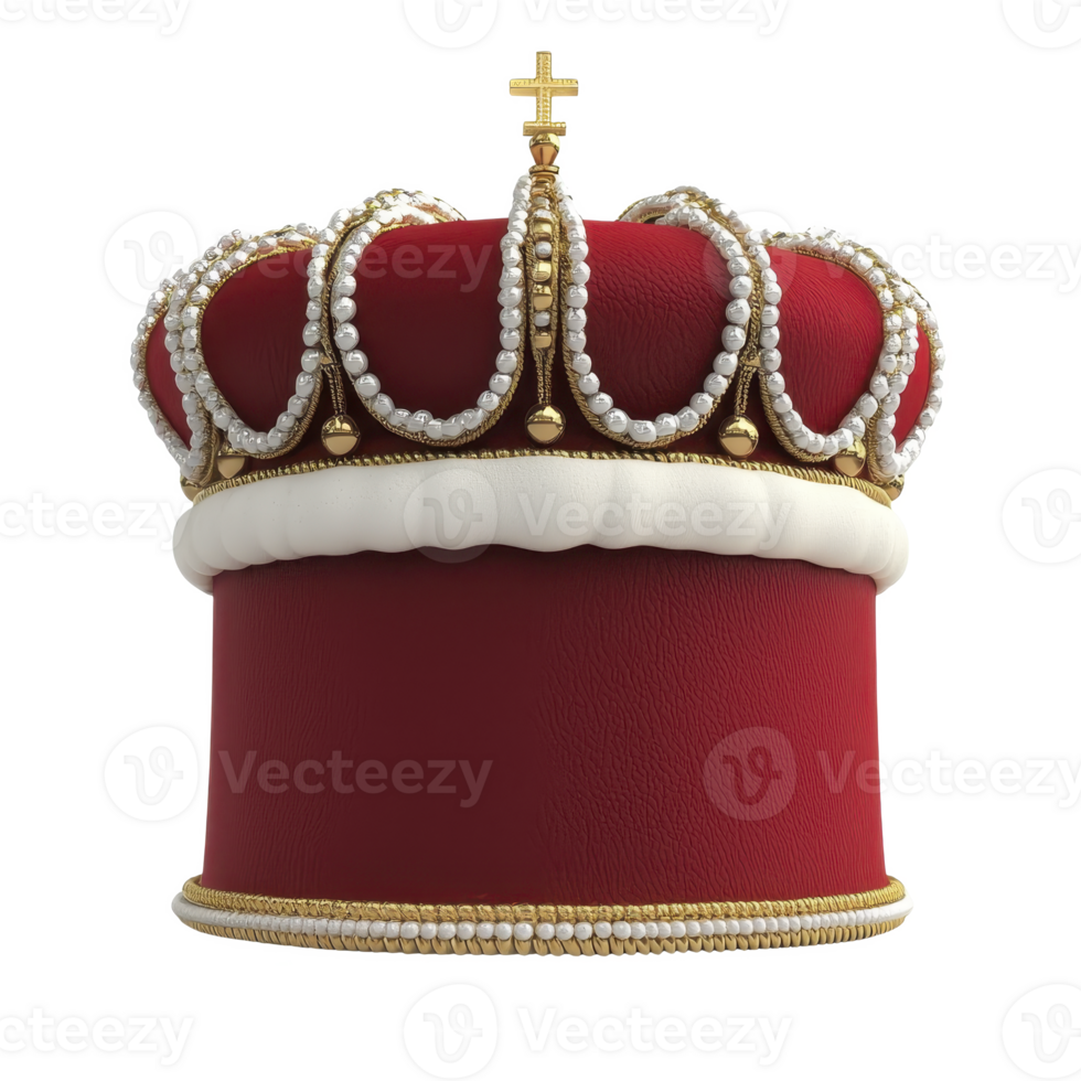 Luxurious red velvet crown adorned with pearls and gold accents, featuring cross on top, symbolizes royalty and elegance. intricate design reflects opulence and tradition png