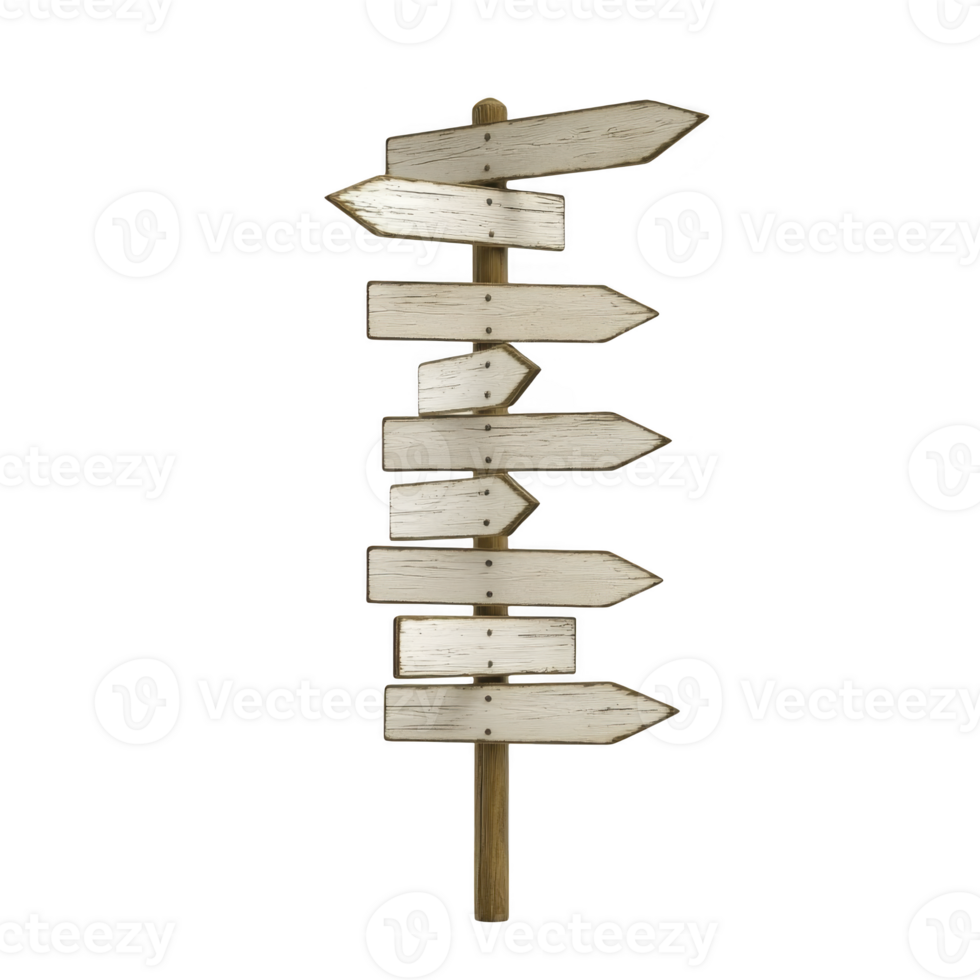 Rustic wooden signpost with multiple blank directional arrows pointing in various directions, ideal for customization and creative projects. weathered texture adds vintage charm png