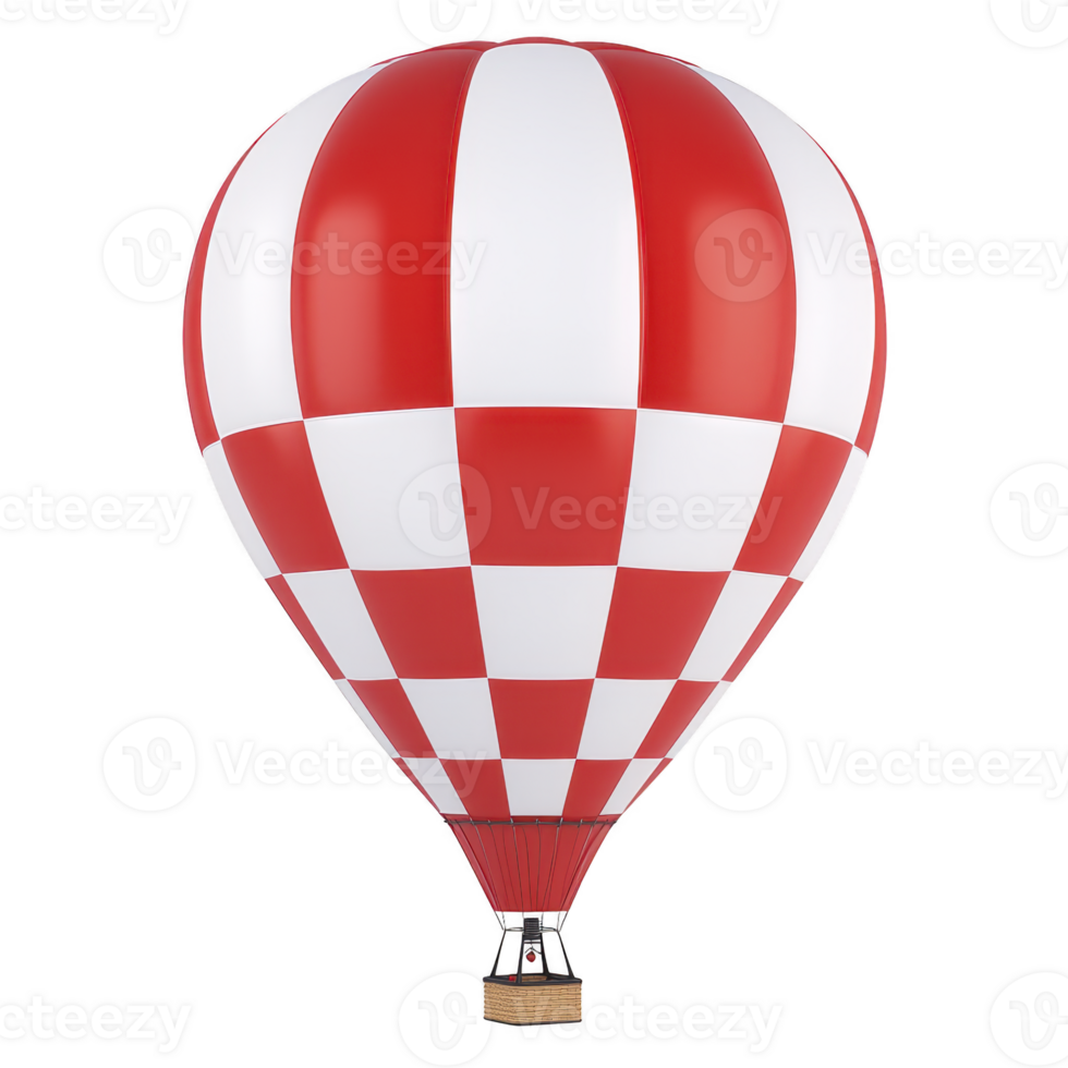 Red and white checkered hot air balloon floats against transparency background, showcasing its vibrant pattern and classic design. basket is visible beneath balloon png