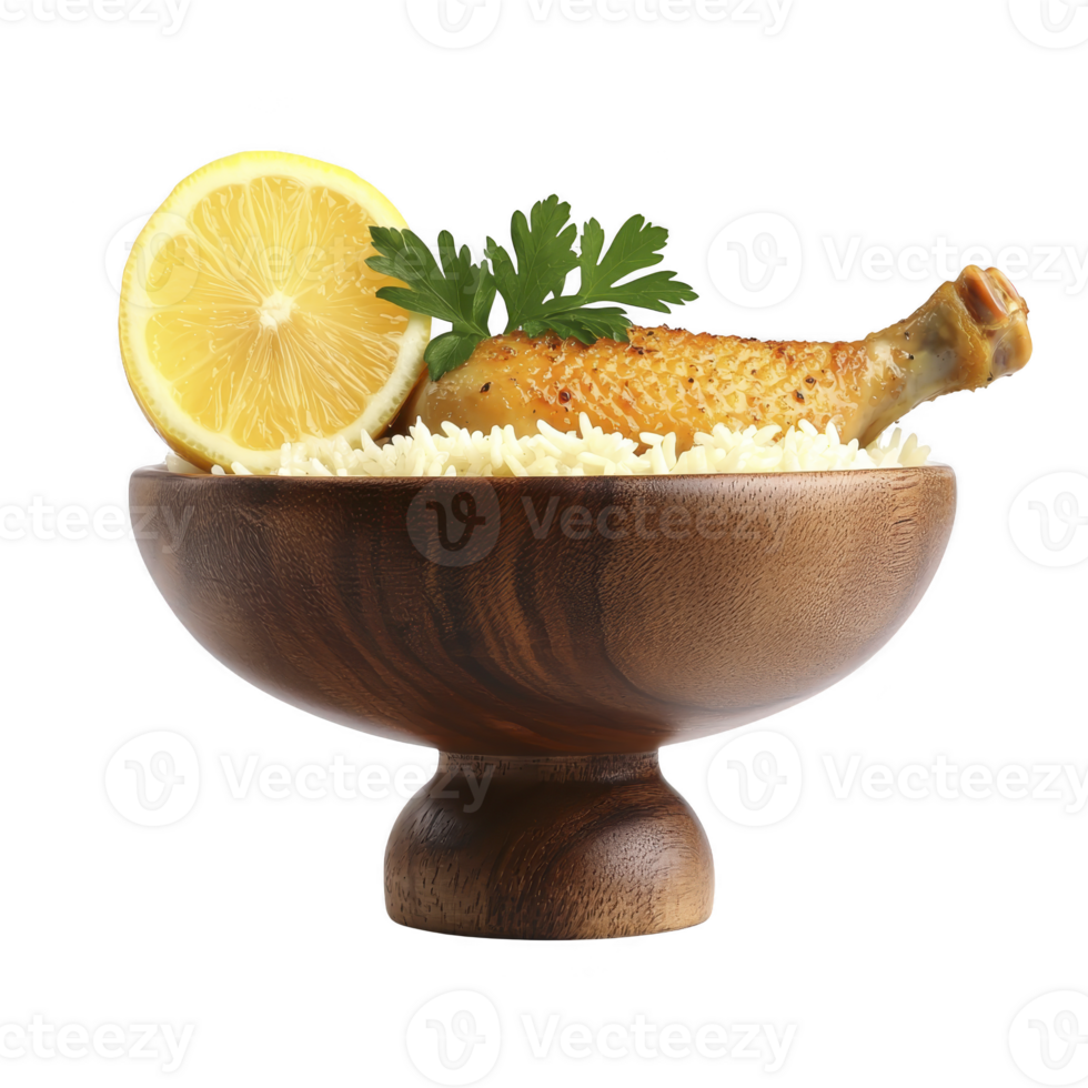 Wooden bowl filled with fluffy rice is topped with golden brown chicken drumstick, garnished with fresh lemon slice and parsley, creating delicious and inviting presentation png
