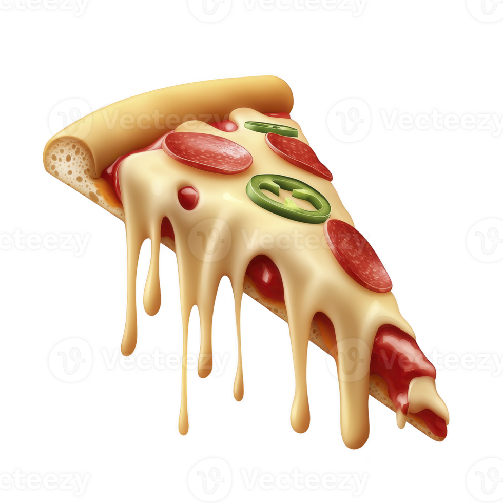 Slice of pizza with melted cheese, pepperoni, and jalapeno slices, creating delicious and appetizing look. cheese is dripping, adding to mouthwatering appeal png