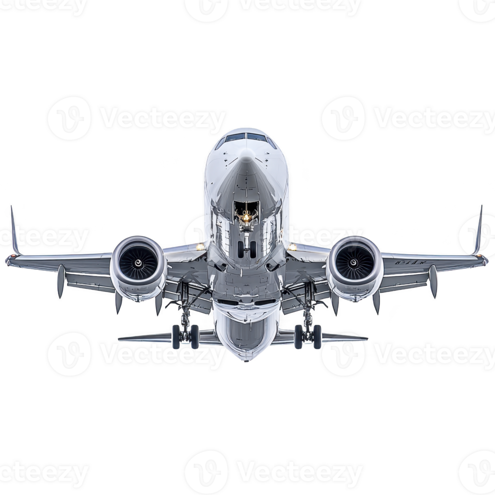 Commercial airplane is captured in front view, showcasing its engines and landing gear. image highlights aircraft sleek design and engineering precision, emphasizing its readiness for flight png