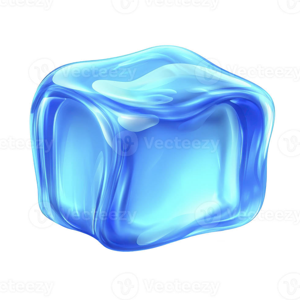 Shiny, translucent blue ice cube with smooth, rounded edges and glossy surface, reflecting light. cube appears fresh and cold, evoking sense of coolness and refreshment png