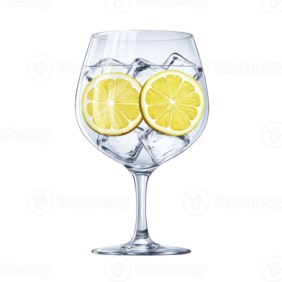 Clear glass filled with ice cubes and two lemon slices creates refreshing and elegant presentation. transparent glass showcases vibrant yellow of lemons, enhancing visual appeal png