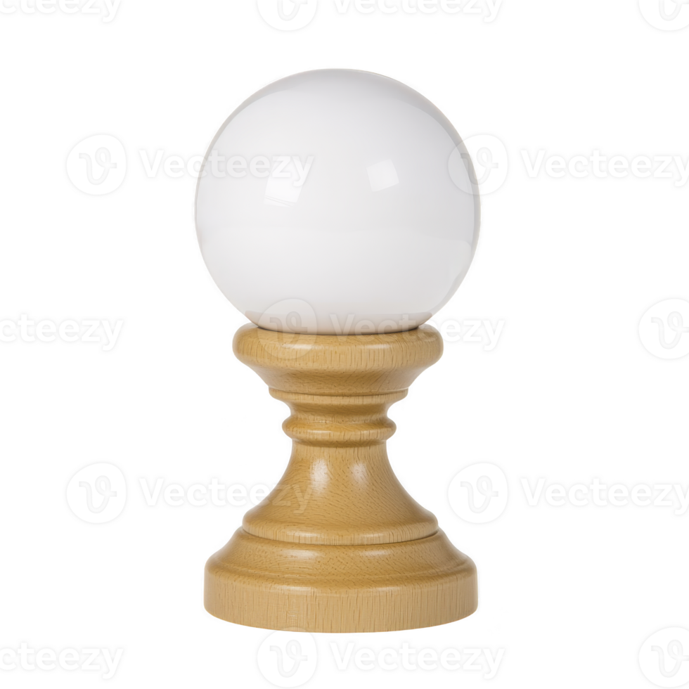 White spherical object sits atop wooden pedestal, resembling decorative piece or lamp. smooth, glossy surface of sphere contrasts with natural wood texture of base png