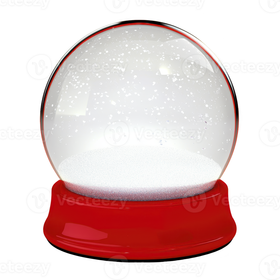 Clear snow globe with red base, filled with white snow like particles, evokes sense of winter wonder and nostalgia. simple design invites imagination and creativity png