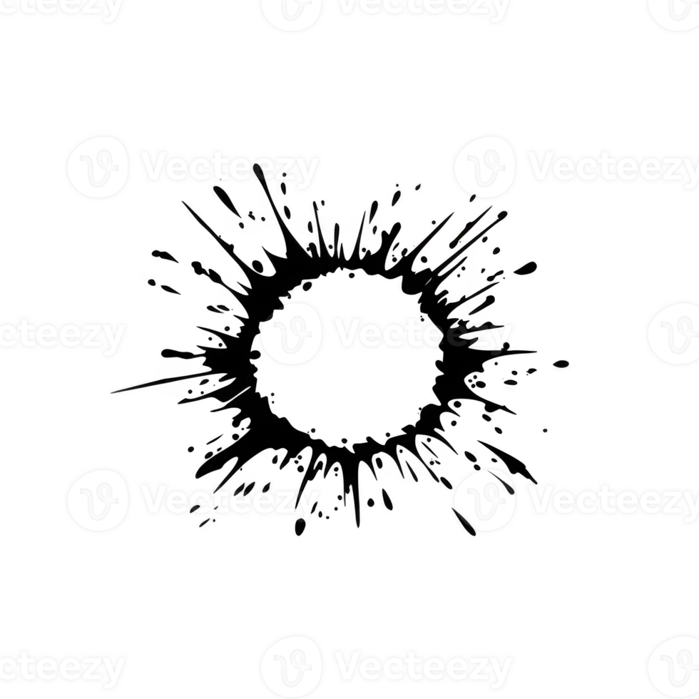 Black ink splatter forms circular pattern on transparency background, creating dynamic and artistic design. splatter irregular edges and varying thickness add sense of movement and creativity png