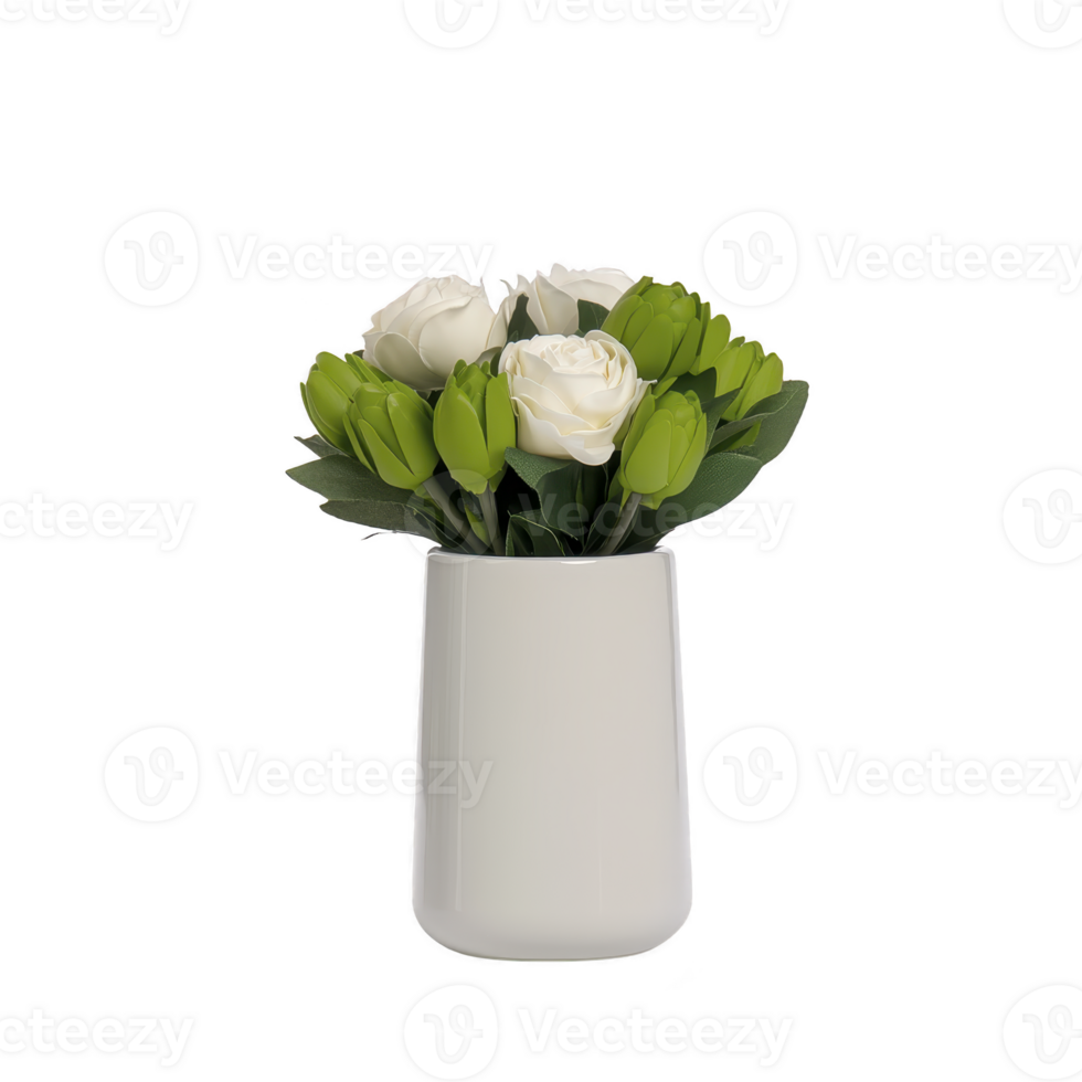 White vase holds bouquet of white roses and green tulips, creating fresh and elegant floral arrangement. simple design and contrasting colors evoke sense of tranquility png