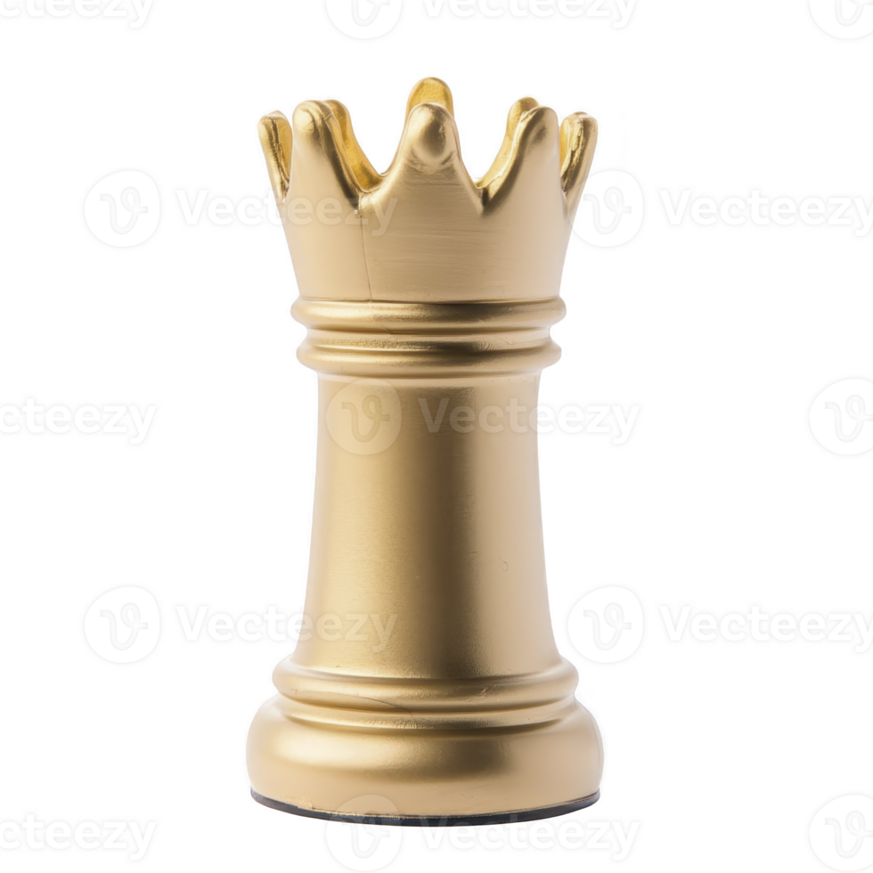 Golden rook chess piece stands elegantly, symbolizing strategy and power in game of chess. Its shiny surface and intricate design make it striking representation of classic board game png