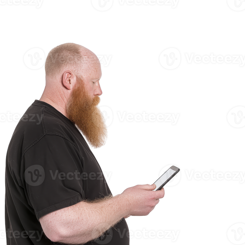 Man with long beard and black shirt is focused on using smartphone, isolated on transparency background. image captures side profile view, emphasizing concentration png