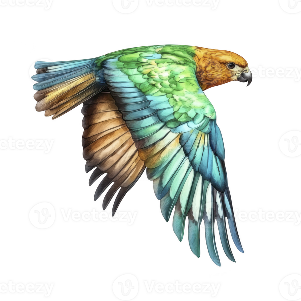Vibrant parrot with green, blue, and orange feathers is captured in mid flight, showcasing its colorful plumage and dynamic movement against plain background png