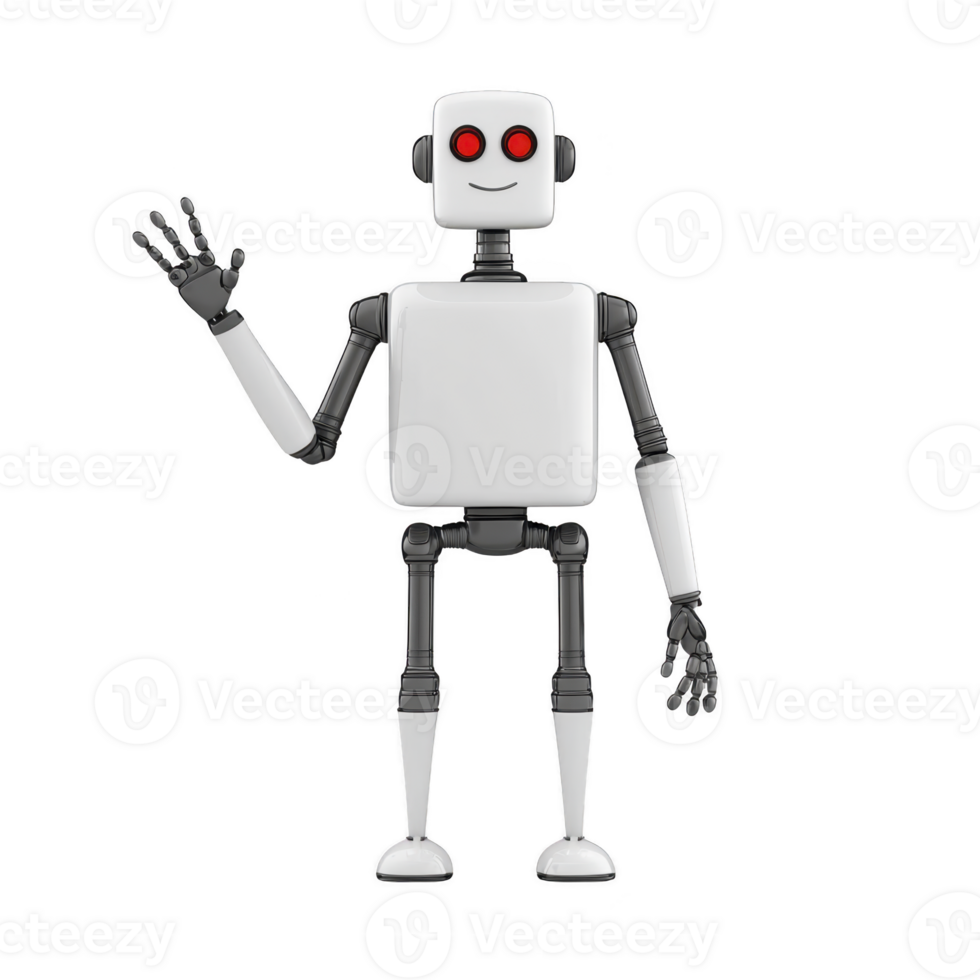 Friendly robot with white body and red eyes waves hello, showcasing its mechanical design and humanoid features. robot simple yet expressive appearance conveys sense of approachability png