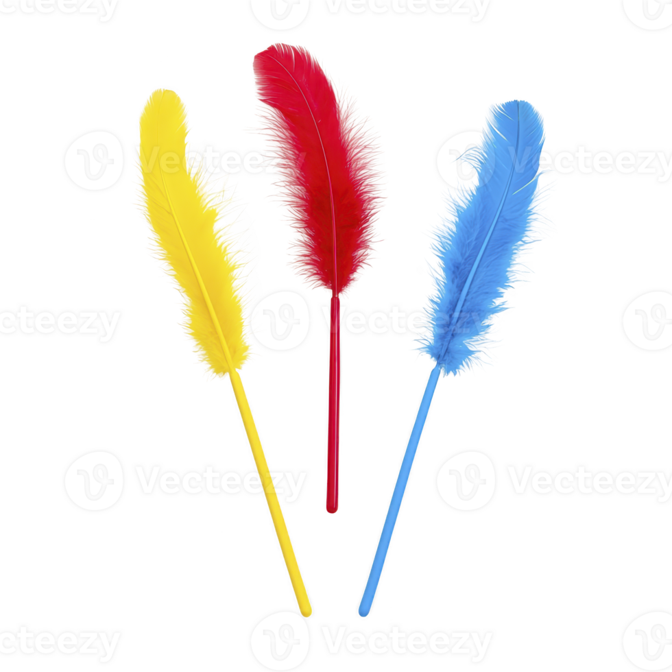 Three colorful feathers in vibrant red, blue, and yellow are arranged against transparency background, showcasing their delicate textures and bright hues png