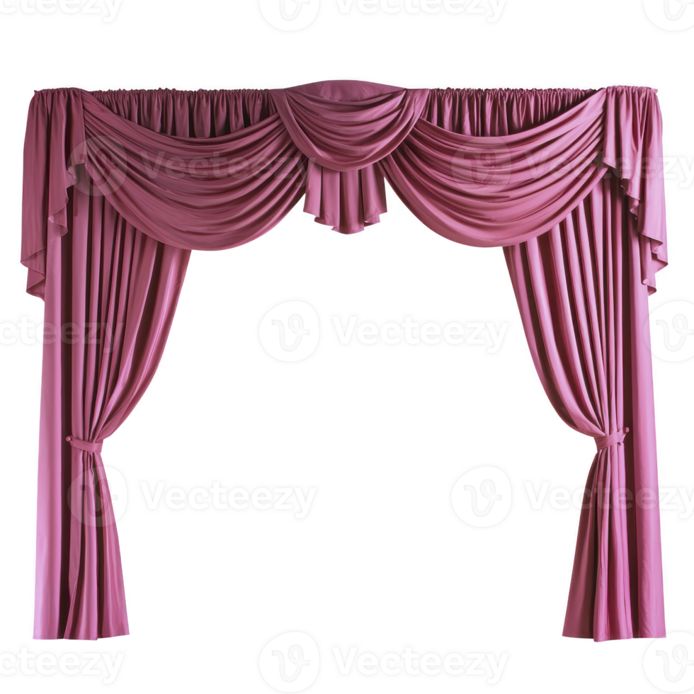 Elegant pink stage curtains with draped swags and pleats create luxurious and theatrical ambiance. rich fabric and classic design evoke sense of drama and sophistication png