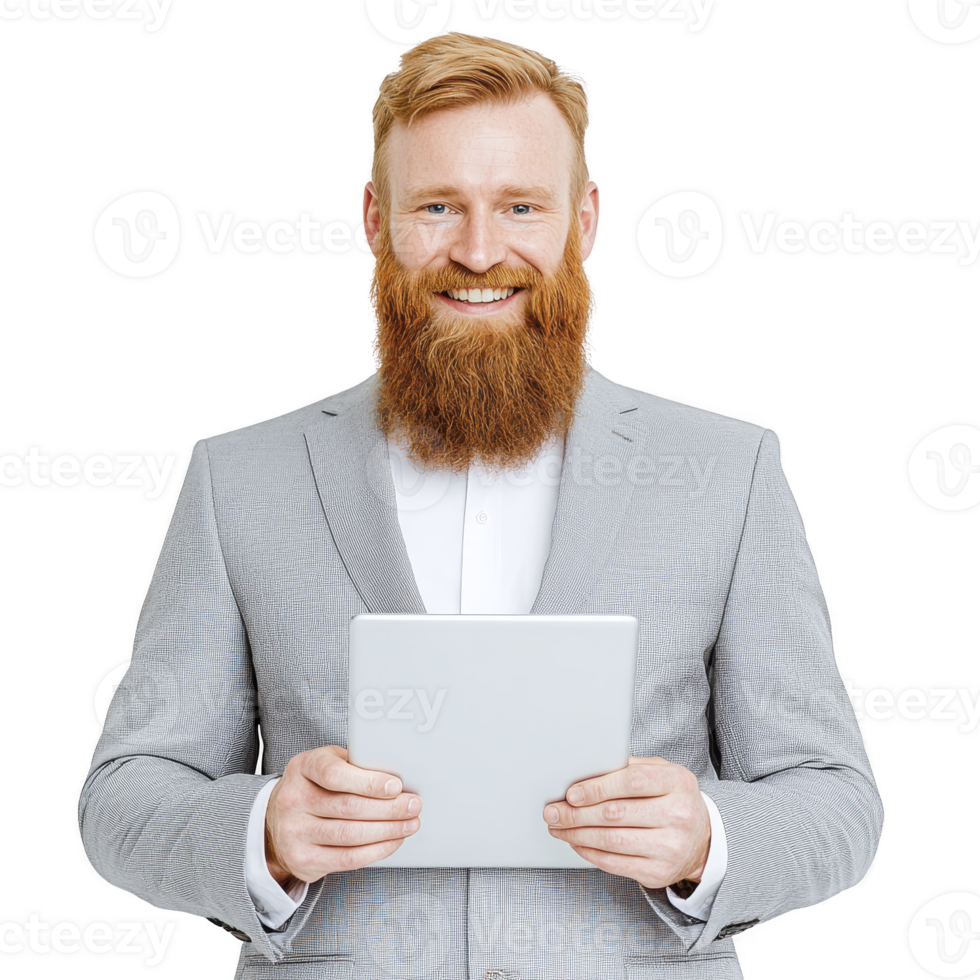 Smiling man with beard in gray suit holds tablet, exuding confidence and professionalism. image conveys sense of modern business and technology engagement png