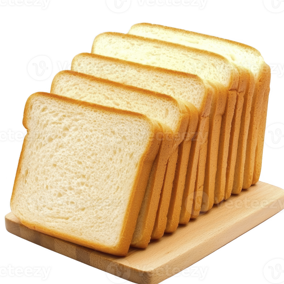 Slices of fresh white bread are neatly arranged on wooden cutting board, showcasing their soft texture and golden crust. bread appears fluffy and inviting, perfect for sandwiches or toast png
