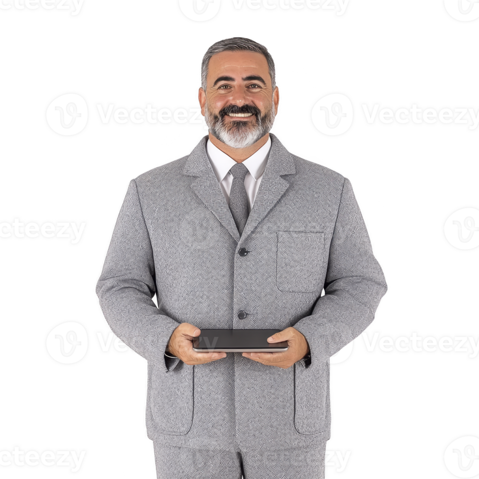Man in gray suit holding black box, smiling confidently against plain background. suit is textured, and he has well groomed beard, exuding professionalism and warmth png