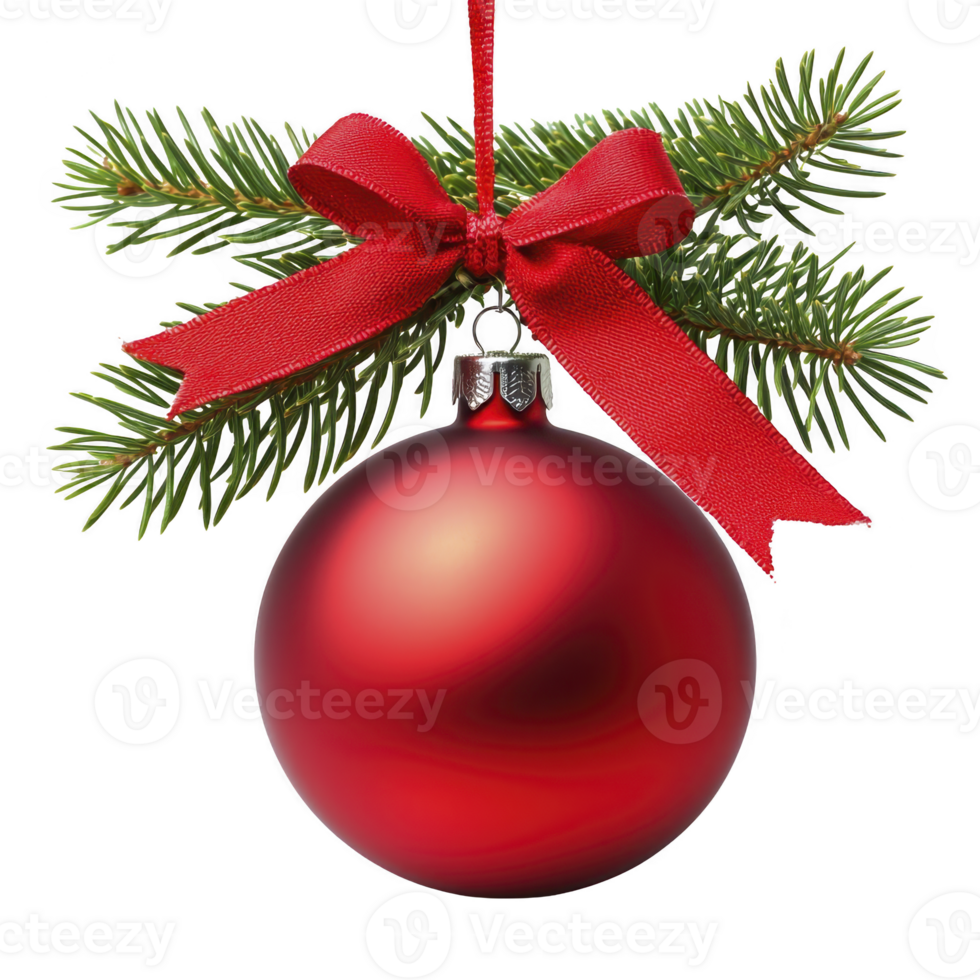 Shiny red Christmas ornament hangs from green pine branch, adorned with festive red bow, creating joyful holiday atmosphere png