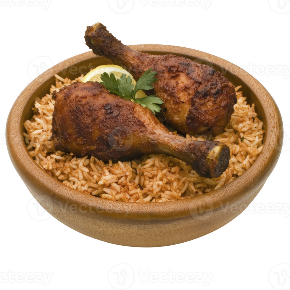 Two grilled chicken drumsticks rest on bed of seasoned rice in wooden bowl, garnished with lemon slice and fresh parsley, creating delicious and inviting meal png