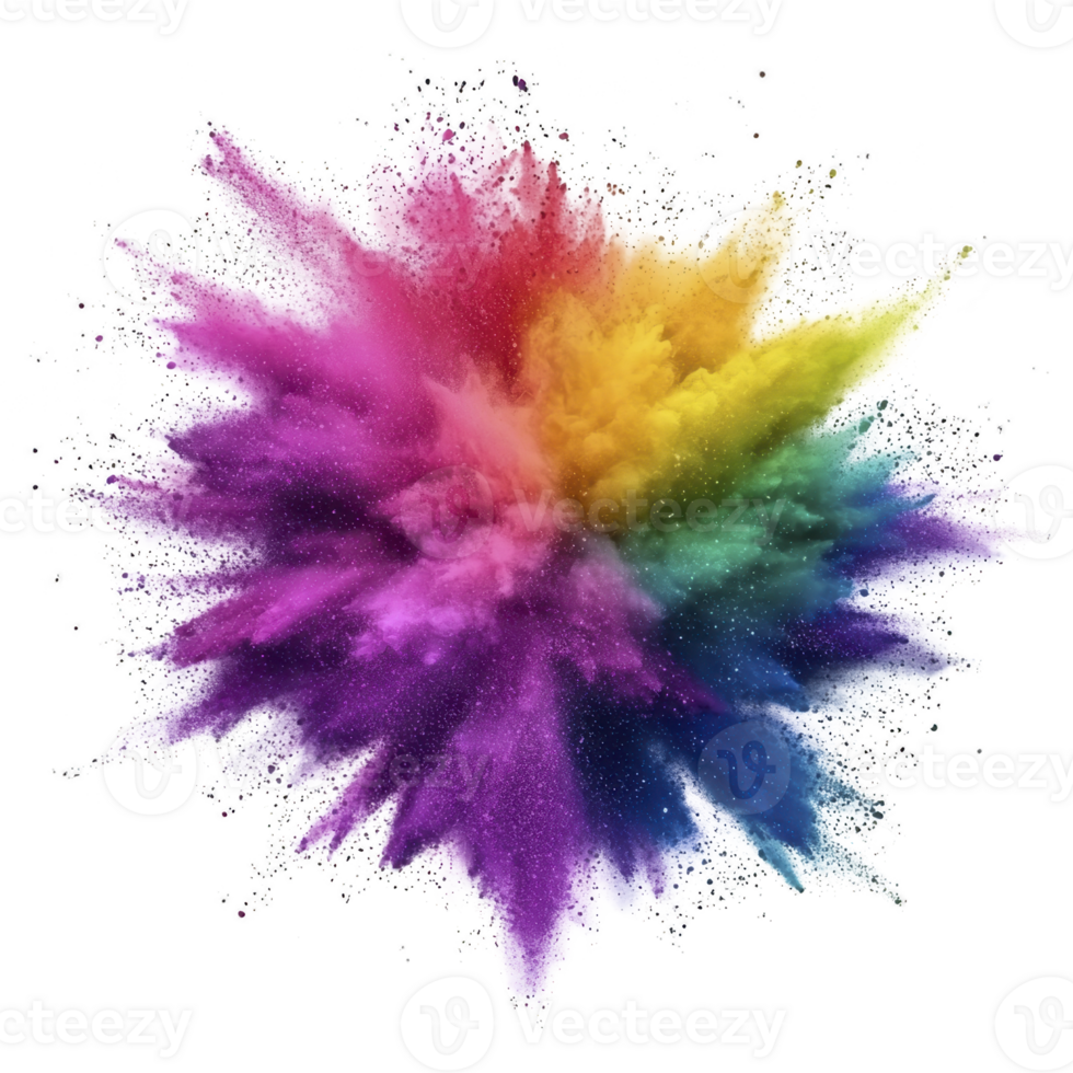 Vibrant explosion of colorful powder bursts against transparency background, showcasing dynamic mix of purple, pink, yellow, and blue hues. energy and motion are captivating png