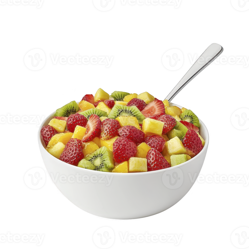 Vibrant bowl of fresh fruit salad featuring strawberries, kiwi, and pineapple, served in white bowl with spoon, offering refreshing and healthy snack option png