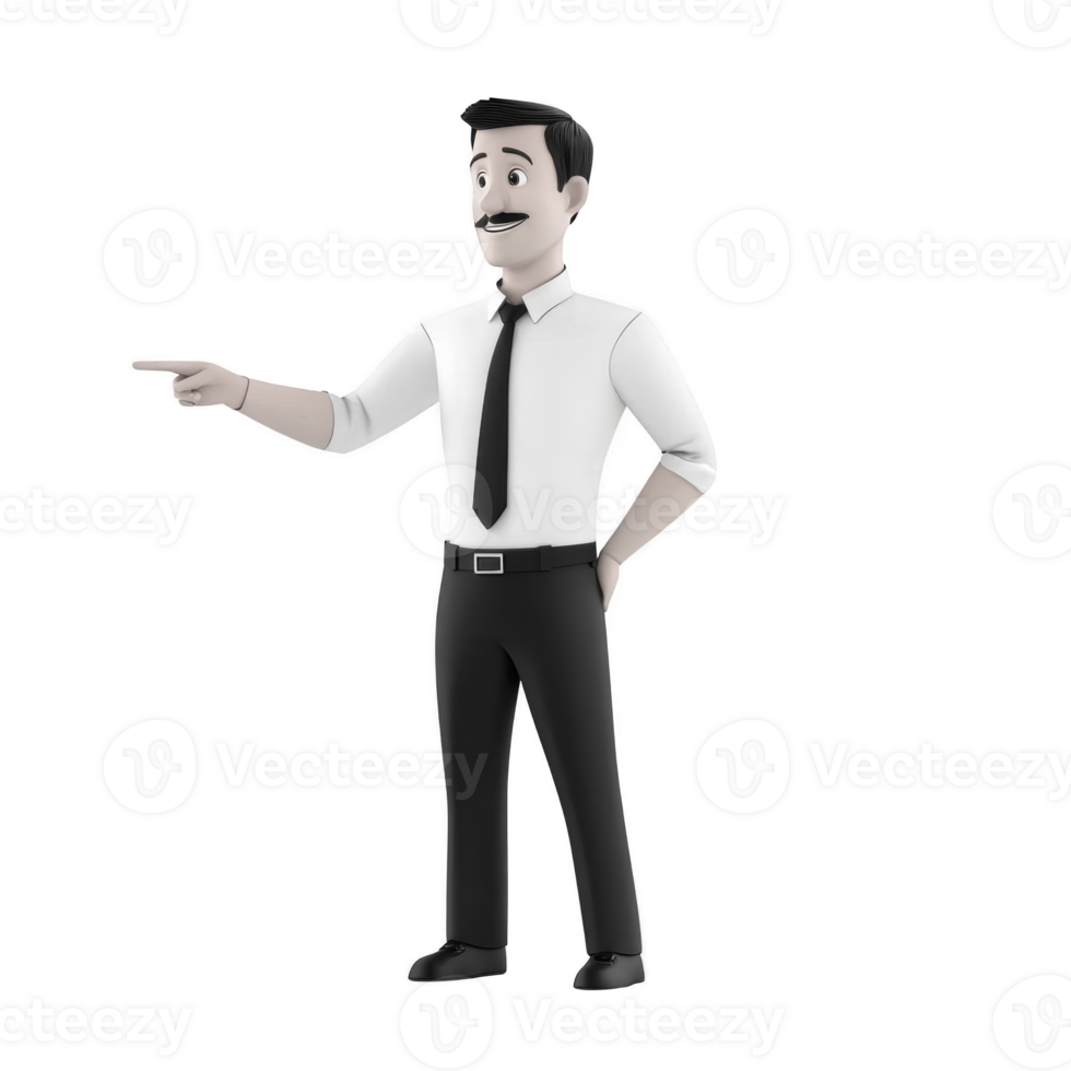 3D illustration of smiling man in white shirt and black tie, pointing with his right hand. character has mustache and short hair, wearing black pants and shoes png
