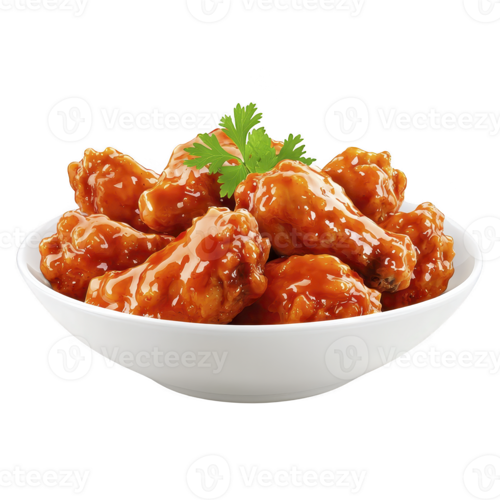 Bowl of glazed chicken wings garnished with fresh parsley, showcasing delicious and appetizing appearance. wings are coated in shiny, sticky sauce, enhancing their savory appeal png