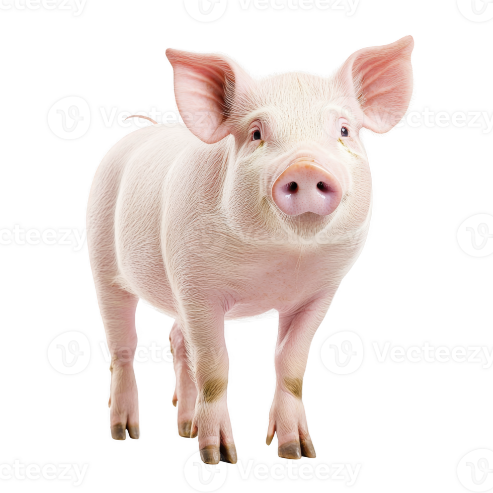 Cute pink piglet stands facing forward, showcasing its large ears and snout. piglet smooth skin and curious expression add to its charm. image is isolated on transparency background png