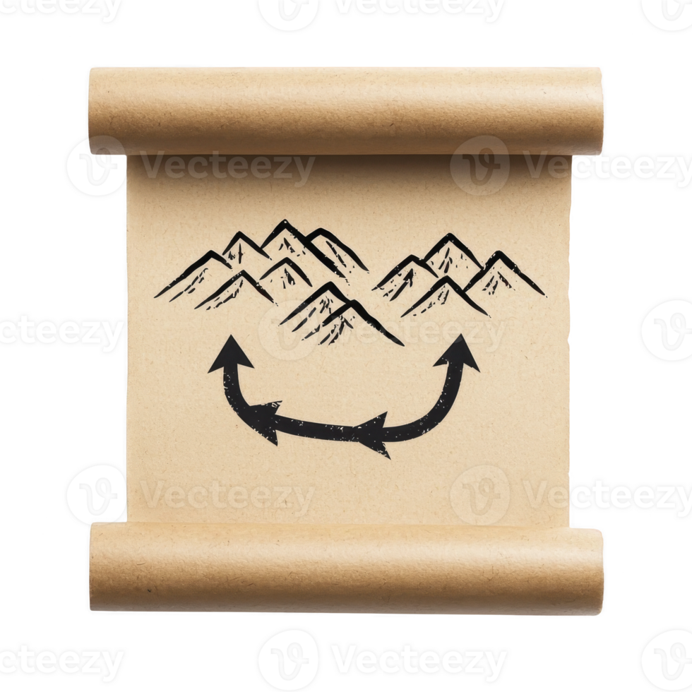 Vintage scroll with hand drawn mountain range and curved arrows evokes sense of adventure and exploration. rustic design suggests journey or navigation theme png