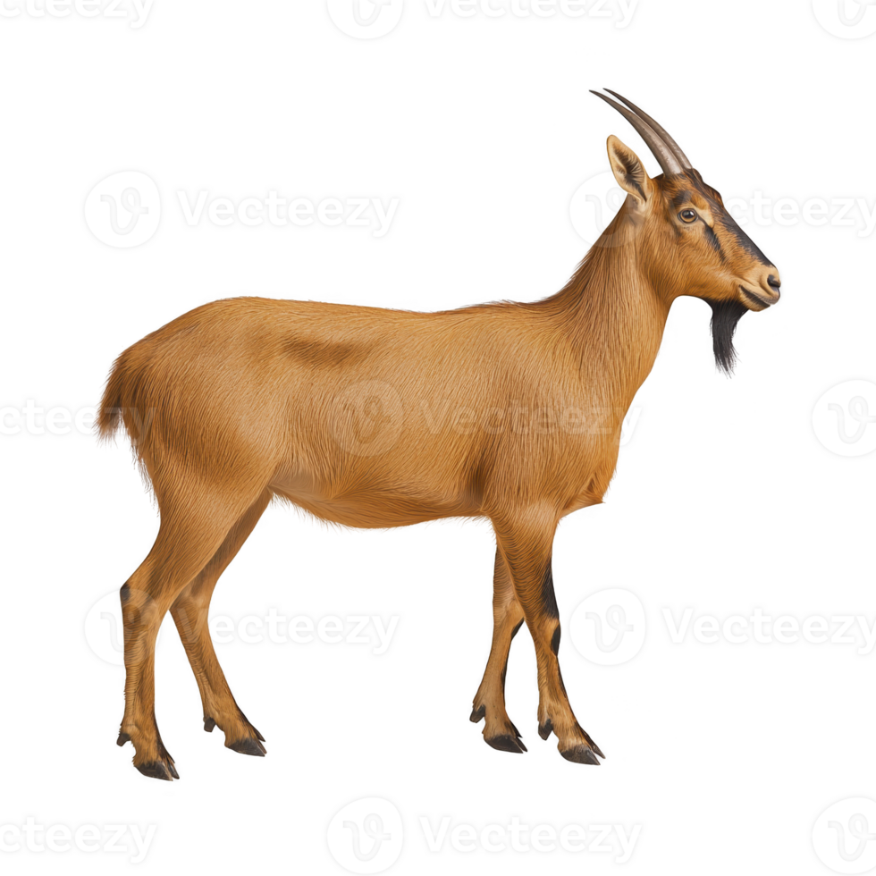 Brown goat with curved horns stands in profile, showcasing its textured fur and distinctive beard. goat alert expression and sturdy stance highlight its natural grace and adaptability png