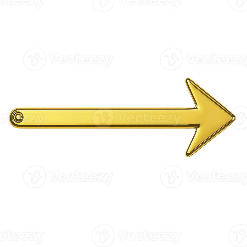 Shiny gold arrow pointing to right, symbolizing direction and movement. metallic finish adds luxurious and elegant touch, making it suitable for design and navigation purposes png